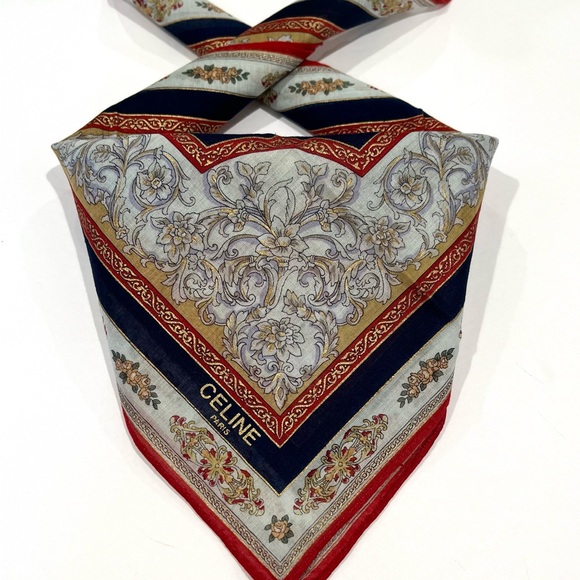 WOMEN HANDKERCHIEF CELINE Baroque Floral Navy Red Gold COTTON POCKET SQUARE 18” - Picture 1 of 8